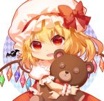  1girl :d bangs blonde_hair blush bow chibi chinese_commentary circle commentary_request crystal eyebrows_visible_through_hair flandre_scarlet frilled_shirt_collar frills hair_between_eyes hat hat_bow holding holding_stuffed_animal long_hair looking_at_viewer mob_cap one_side_up open_mouth puffy_short_sleeves puffy_sleeves red_bow red_eyes red_skirt red_vest shangguan_feiying shirt short_sleeves simple_background skirt smile solo stuffed_animal stuffed_toy teddy_bear touhou upper_body vest white_background white_headwear white_shirt wings wrist_cuffs 