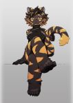  :3 accessory anthro black_fur blonde_hair blue_eyes chinese_clothing chinese_dress clothing crossed_legs dress felid female fur gradient_hair hair hair_accessory hanadaiteol kemono mammal multicolored_fur orange_fur pantherine pawpads short_hair sitting solo stripes tiger 