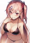  1girl bangs bare_shoulders bikini black_bikini blush bow braid breasts collarbone commentary dakunesu eyebrows_visible_through_hair girls_frontline grin groin hair_between_eyes hair_bow hair_ornament hair_ribbon hairclip hand_up hexagram highres leaning_forward long_hair looking_at_viewer navel negev_(girls_frontline) one_side_up pink_hair pink_lips red_bow red_eyes ribbon simple_background smile solo star_of_david stomach swimsuit wet 