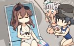  3girls arare_(kantai_collection) bikini bikini_skirt black_hair blue_swimsuit book brown_eyes brown_hair chair closed_eyes clothes_writing commentary_request dated expressionless eyewear_on_head fishing_rod frilled_bikini frills green_eyes grey_bikini hair_between_eyes hair_ornament hamu_koutarou hat highres kantai_collection long_hair lounge_chair maestrale_(kantai_collection) multiple_girls name_tag one_side_up ponytail saratoga_(kantai_collection) school_swimsuit short_hair side_ponytail sidelocks silver_hair sleeping smokestack sunglasses swimsuit tan white_bikini 