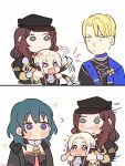  ... 1boy 3girls ? anger_vein axe blonde_hair blue_eyes blush breasts brown_hair byleth_(fire_emblem) byleth_(fire_emblem)_(female) cape carrying chibi choker cleavage cravat dimitri_alexandre_bladud dorothea_arnault earrings edelgard_von_hresvelg fire_emblem fire_emblem:_three_houses flailing gloves green_eyes hair_ornament hair_ribbon hat heart highres jewelry long_hair multiple_girls open_mouth red_cape ribbon short_hair simple_background smile sparkle twitter_username uniform upper_body yukari_(bryleluansing) yuri 