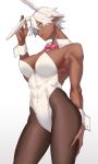 1girl abs absurdres animal_ears bare_shoulders bow breasts bunny_ears bunnysuit covered_navel dark_skin gradient gradient_background highres kaoruko(unkrk55) large_breasts muscle muscular_female navel original pantyhose pointy_ears red_bow red_eyes red_neckwear short_hair solo white_hair 