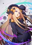  1girl abigail_williams_(fate/grand_order) arm_up bangs black_bow black_dress black_headwear blonde_hair bloomers blue_eyes bow bug butterfly commentary_request dress fate/grand_order fate_(series) forehead gajumaru09 grey_background hair_bow hat insect long_hair long_sleeves looking_at_viewer open_mouth orange_bow parted_bangs sleeves_past_fingers sleeves_past_wrists solo underwear very_long_hair white_bloomers 