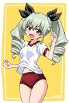  1girl :d anchovy artist_name bangs black_ribbon bow buruma clenched_hands commentary cowboy_shot drill_hair eyebrows_visible_through_hair girls_und_panzer green_hair gym_shirt gym_uniform hair_ribbon head_tilt ken_(haresaku) long_hair looking_at_viewer navel open_mouth red_buruma red_eyes ribbon shirt short_sleeves signature simple_background smile solo standing t-shirt twin_drills twintails white_background white_shirt yellow_bow 