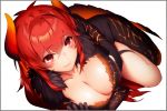  1girl absurdres black_border blush border breasts cleavage closed_eyes commentary dola_(nijisanji) dragon_girl dragon_horns dragon_tail fur_trim hair_between_eyes highres horns large_breasts long_hair looking_at_viewer lying nijisanji on_side red_eyes red_hair ryuji_(ikeriu) scales simple_background smile solo tail virtual_youtuber white_background 