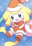  2018 bag blue_eyes blush boots christmas clothing costume floating footwear gloves handwear hat headgear headwear holidays jirachi legendary_pok&eacute;mon looking_at_viewer nintendo open_mouth pok&eacute;mon pok&eacute;mon_(species) santa_costume santa_hat simple_background solo star video_games wadorigi white_skin 