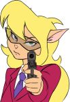  anthro blonde_hair calico_cat callie_briggs clothed clothing color_edit colored domestic_cat edit eyewear felicity_longis felid feline felis female fur glasses green_eyes gun hair handgun hanna-barbera holding_gun holding_object holding_weapon looking_at_viewer mammal necktie pointing_gun_at_you ranged_weapon redout serious solo swat_kats tan_fur weapon 