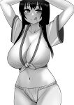  1girl absurdres arms_up black_hair breasts cleavage collarbone drooling fundoshi highres huge_breasts japanese_clothes large_breasts looking_at_viewer monochrome navel original simple_background smile the_only_shoe tongue tongue_out white_background wide_hips wide_sleeves yamakasa 