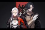  1boy 1girl black_hair blonde_hair blue_eyes cape cravat edelgard_von_hresvelg epaulettes fire_emblem fire_emblem:_three_houses gloves hair_ornament hair_over_one_eye hair_ribbon highres hubert_von_vestra long_hair looking_at_viewer red_cape ribbon short_hair simple_background smile uniform yarr 