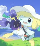  2017 bag beach clothing cloud cosmog dress duo female floating grass headgear headwear jirachi legendary_pok&eacute;mon lillie_(cosplay) lillie_(pok&eacute;mon) nintendo one_eye_closed open_mouth outside panties pok&eacute;mon pok&eacute;mon_(species) purple_body sea seaside sky underwear video_games wadorigi water white_skin 