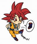  /\/\/\ 1boy ? artist_name blue_footwear blush blush_stickers boots chibi clenched_hand clothes_writing collarbone commentary_request curious dougi dragon_ball dragon_ball_super dragon_ball_z_kami_to_kami fenyon finger_to_cheek floating full_body hand_on_hip looking_down male_focus red_eyes red_hair simple_background son_gokuu speech_bubble spiked_hair super_saiyan_god white_background wristband 