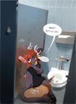  2019 anthro antlers bathroom bodily_fluids cervid dialogue digital_media_(artwork) duo english_text erection faceless_male female fur genital_fluids glory_hole horn kneeling looking_at_viewer male male/female mammal megumigoo nipples penile penis public_restroom sex smile solo_focus text toilet 