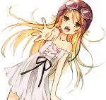  1girl bakemonogatari blonde_hair collarbone dress eyebrows_visible_through_hair goggles goggles_on_head helmet lips long_hair looking_at_viewer monogatari_(series) nanoningen_(anapoko) oshino_shinobu outstretched_arm reaching_out simple_background solo standing strap_slip teeth white_background yellow_eyes 