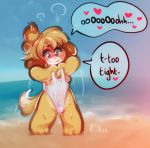  &lt;3 animal_crossing anthro beach blush bodily_fluids breasts camel_toe clothing detailed_background english_text female fur isabelle_(animal_crossing) looking_down looking_pleasured naughty_face nintendo panken sea seaside side_boob smile solo speech_bubble standing sweat swimwear text video_games water wavy_mouth wedgie yellow_fur 