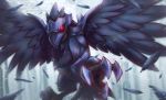 2019 albrt-wlson ambiguous_gender avian beak bird claws close-up corviknight feathers forest glowing glowing_eyes hi_res looking_at_viewer nintendo outside pok&eacute;mon pok&eacute;mon_(species) red_eyes sharp_claws snow solo spread_wings toe_claws tree video_games wings 