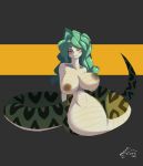 2019 anaconda animal_humanoid areola big_breasts boa_(snake) boa_sandersonia boinae breasts female green_hair hair hourglass_figure humanoid long_hair looking_at_viewer nipples non-mammal_breasts nude one_piece reptile scalie simple_background snake solo tiger1001 wide_hips yellow_eyes 