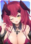  1girl ;d ahoge bangs bare_shoulders black_jacket blush bra breasts cleavage curled_horns demon_horns detached_collar fang hair_between_eyes highres holding horns huge_breasts jacket jampen long_hair looking_at_viewer magrona magrona_channel off_shoulder one_eye_closed open_mouth purple_bra red_hair red_nails skull_necklace smile solo underwear very_long_hair virtual_youtuber yellow_eyes 