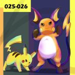  2019 absurd_res digital_media_(artwork) duo fur hi_res looking_at_viewer male mammal nintendo pikachu pok&eacute;mon pok&eacute;mon_(species) raichu raveneevee rodent simple_background video_games yellow_fur 