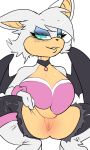  2019 anthro bat_wings big_breasts breasts clothed clothing female fur gloves grin hair handwear looking_at_viewer makeup mammal membrane_(anatomy) membranous_wings napdust pussy ripped_tights rouge_the_bat smile solo sonic_(series) tan_skin white_fur white_hair wings 