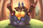  anthro big_breasts breasts butt detailed_background digital_media_(artwork) featureless_breasts featureless_crotch female kyodashiro legs_up lucario nintendo orange_eyes pok&eacute;mon pok&eacute;mon_(species) presenting solo sun thick_thighs tree video_games 