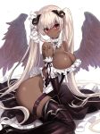  1girl angel angel_wings bangs black_gloves black_legwear black_leotard black_wings blush boots breasts checkered checkered_floor closed_mouth dark_skin elbow_gloves eyebrows_visible_through_hair fallen_angel feathers frills gloves hair_ribbon horns large_breasts leotard long_hair looking_at_viewer original red_eyes ribbon shoulder_tattoo smile solo tattoo thigh_boots thigh_strap thighhighs thighs twintails untsue very_long_hair white_hair white_ribbon wings 
