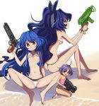  3girls :d ahoge ass bangle bangs bare_arms bare_legs bare_shoulders barefoot beach bikini blue_bow blue_hair blush bow bracelet breasts brown_eyes commentary_request debt eyebrows_visible_through_hair gradient gradient_background grey_bikini_top grin gun hair_bow hair_intakes halterneck hand_up handgun highres hinanawi_tenshi holding holding_gun holding_weapon jewelry knees_up long_hair looking_at_viewer medium_breasts micro_bikini minigirl mismatched_bikini multiple_girls navel no_hat no_headwear open_mouth pink_swimsuit pistol profile purple_hair red_eyes seiza shadow shope short_hair sitting small_breasts smile spread_legs stomach strapless strapless_swimsuit sukuna_shinmyoumaru swimsuit thighs touhou very_long_hair water weapon white_background yorigami_shion 