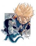  2boys artist_name attack blonde_hair blue_eyes blurry boots capsule_corp chibi chromatic_aberration clenched_teeth commentary_request denim denim_jacket dragon_ball dragon_ball_z fenyon frieza frown full_body holding holding_sword holding_weapon jacket male_focus multiple_boys serious shaded_face sliced spiked_hair super_saiyan sword teeth trunks_(future)_(dragon_ball) weapon 