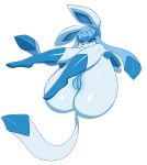  2019 anthro anthrofied blue_fur blue_hair butt eeveelution female fur glaceon hair napdust nintendo pok&eacute;mon pok&eacute;mon_(species) presenting pussy simple_background smile solo video_games white_background 