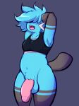  2019 anthro arm_markings balls belly big_balls big_penis black_markings blue_balls blue_fur blue_hair bottomless bra breasts chest_wraps clothed clothing cottoncanyon crotch_tuft dewott digital_media_(artwork) fur gynomorph hair hair_over_eyes hands_behind_head hi_res humanoid_penis intersex leg_markings mammal markings mustelid navel nintendo open_mouth penis pink_penis pok&eacute;mon pok&eacute;mon_(species) pubes remi_hotate sharp_teeth short_hair simple_background slightly_chubby solo sports_bra teeth thick_penis thick_thighs tongue topwear underwear video_games whiskers wide_hips wraps 