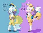  2018 ajvulpes anthro black_sclera blush breasts canid canine clothing costume dialogue digimon digimon_(species) featureless_crotch female fox furry_character_wearing_fursuit fursuit gloves hand_on_breast hand_on_hip handwear hayaku mammal navel on_one_leg open_mouth pigeon_toed renamon smile solo standing suit_transformation transformation 