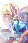  1girl arched_back ass bangs blonde_hair blue_bodysuit blue_eyes bodysuit breasts closed_mouth covered_nipples dimples_of_venus from_side half-closed_eyes high_ponytail impossible_bodysuit impossible_clothes leaning_forward lips long_hair looking_to_the_side medium_breasts metroid mitsu_(mitsu_art) mole mole_under_mouth outstretched_arms patreon_username ponytail power_armor samus_aran sidelocks skin_tight solo turtleneck varia_suit watermark zero_suit 