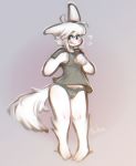  anthro blush bodily_fluids canid canine canis clothed clothing female flying_sweatdrops fox fur hair hybrid looking_at_viewer mammal panken panties shirt simple_background smile solo standing sweat sweatdrop t-shirt topwear underwear wolf 