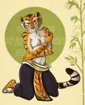  anthro bamboo breasts chest_tuft claws clothed clothing domestic_cat dreamworks felid feline felis female fur kung_fu_panda mammal master_tigress nicnak044 paws red_eyes robe shoulder_tuft smile solo stripes topless tuft watermark 