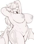  2019 absurd_res anthro areola big_breasts blush breasts cervina7_(artist) female hair hair_over_eyes hands_behind_head hi_res horn huge_breasts long_hair membrane_(anatomy) membranous_wings monochrome navel nipples nude open_mouth open_smile pussy scalie simple_background smile solo standing voluptuous white_background wings 