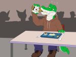  alligator alligatorid anthro cafeteria child clothed clothing compfive cregon crocodile crocodilian crocodylid drunk food fully_clothed hoodie liquor lunch reptile scalie school silhouette substance_intoxication topwear young 
