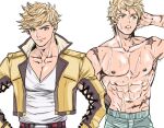  1boy abs arm_behind_head bangs bara blonde_hair bunkichi_(bun005) closed_mouth cropped_jacket granblue_fantasy green_eyes jacket large_pectorals looking_at_viewer looking_to_the_side male_focus muscular muscular_male navel nipples open_clothes open_jacket pectoral_cleavage pectorals scar scar_on_arm scar_on_chest scar_on_stomach shirt smile solo topless_male vane_(granblue_fantasy) wet white_background white_shirt yellow_jacket 