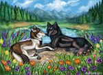  2019 4_toes black_fur blue_eyes brown_fur canid canine canis day detailed_background digital_media_(artwork) duo feral flashw fur grass hiona lying mammal outside paws sky tan_eyes toes water white_fur wolf 