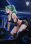  1girl arknights bangs black_gloves blush breasts cleavage elbow_pads gloves green_hair gym gym_shorts hair_between_eyes highres horn horns hoshiguma_(arknights) indoors jangsunyo large_breasts long_hair looking_afar navel oni_horns open_mouth shorts sidelocks solo stomach sweat tank_top toned weightlifting weights yellow_eyes 