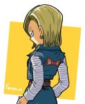  1girl android_18 arms_at_sides artist_name backlighting belt blonde_hair blue_eyes breasts clothes_writing commentary_request denim denim_skirt dragon_ball dragon_ball_z earrings expressionless eyelashes facing_away fenyon jewelry long_sleeves looking_away orange_background profile red_ribbon_army shaded_face shirt short_hair sideboob simple_background skirt solo square straight_hair striped striped_shirt upper_body waistcoat white_background 