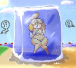  ! ?! animal_crossing anthro beach bikini blush blush_stickers breasts canid canine canis cleavage clothed clothing cloud domestic_dog emanata female frozen hair ice isabelle_(animal_crossing) mammal navel nintendo open_mouth outside seaside solo speech_bubble stuck surprise swimwear unknown_artist video_games 