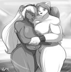  2018 anthro barely_visible_genitalia barely_visible_pussy big_breasts breast_size_difference breast_squish breasts breasts_frottage duo female female/female greyscale hair huge_breasts long_hair looking_at_viewer mammal monochrome muscular muscular_female nude portrait pussy shonuff smile squish thick_thighs three-quarter_portrait ursid 