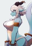  anthro armlet blue_skin braided_hair breasts dragon female hair hanadaiteol horn multicolored_skin navel scalie side_view simple_background solo white_hair white_skin 