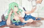  1girl arm_support breasts cleavage coffee_mug copyright_request cup fur_trim green_eyes green_hair groin hair_between_eyes kaze-hime long_hair lying medium_breasts mug on_side open_clothes sketch solo_focus work_in_progress 