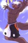  2019 anthro ball beach_ball canid canine canis clothing domestic_dog looking_at_viewer male mammal muscular muscular_male navel outside sky solo swimwear tadatomo tokyo_afterschool_summoners tsubasa video_games 