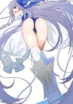  1girl ass blue_bow blue_eyes bow fate/grand_order fate_(series) frills from_behind from_below hair_bow kneepits long_hair looking_back meltryllis meltryllis_(swimsuit_lancer)_(fate) one-piece_swimsuit open_mouth prosthesis prosthetic_leg purple_hair simple_background sleeves_past_wrists solo swimsuit very_long_hair white_background yuuzuki_(re&#039;ef) 