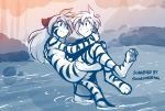  2019 anthro breasts bridal_carry butt carrying casual_nudity clothed clothing conditional_dnp convenient_censorship digitigrade duo felid female flora_(twokinds) forest fur hi_res human keidran male mammal monochrome nude outside pantherine partially_submerged pawpads river side_boob sketch smile striped_fur stripes tiger tom_fischbach trace_legacy tree twokinds water webcomic 