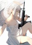  1girl angel angel_wings assault_rifle bangs barcode_tattoo bare_shoulders commentary dress english_commentary eyebrows_visible_through_hair feathered_wings grey_hair gun halo highres holding holding_gun holding_weapon looking_away m4_carbine original redlammy rifle sidelocks sitting sleeveless sleeveless_dress solo strap_slip tattoo weapon weapon_request white_background white_dress white_wings wings yellow_eyes 