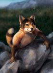  anthro black_nose brown_hair canid canine day detailed_background fox fur goldendruid green_eyes hair male mammal open_mouth outside sky solo_focus tan_fur teeth 