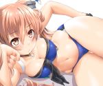  1girl ascot ass_visible_through_thighs bikini black_gloves blue_bikini blush breasts brown_hair choker collarbone dd_(ijigendd) feet_out_of_frame gloves hair_ornament hand_on_hip headgear highres johnston_(kantai_collection) kantai_collection large_breasts lying navel on_side pout solo star swimsuit twintails white_background 