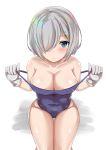  1girl bare_shoulders blue_eyes blue_swimsuit blush breasts chi_xiao closed_mouth collarbone covered_navel covered_nipples eyebrows_visible_through_hair foreshortening from_above frown hair_ornament hair_over_one_eye hairclip hamakaze_(kantai_collection) hands_up highres kantai_collection large_breasts legs_together looking_at_viewer one-piece_swimsuit pulled_by_self shiny shiny_skin short_hair silver_gloves silver_hair simple_background sitting solo strap_pull swimsuit thigh_gap thighs white_background 
